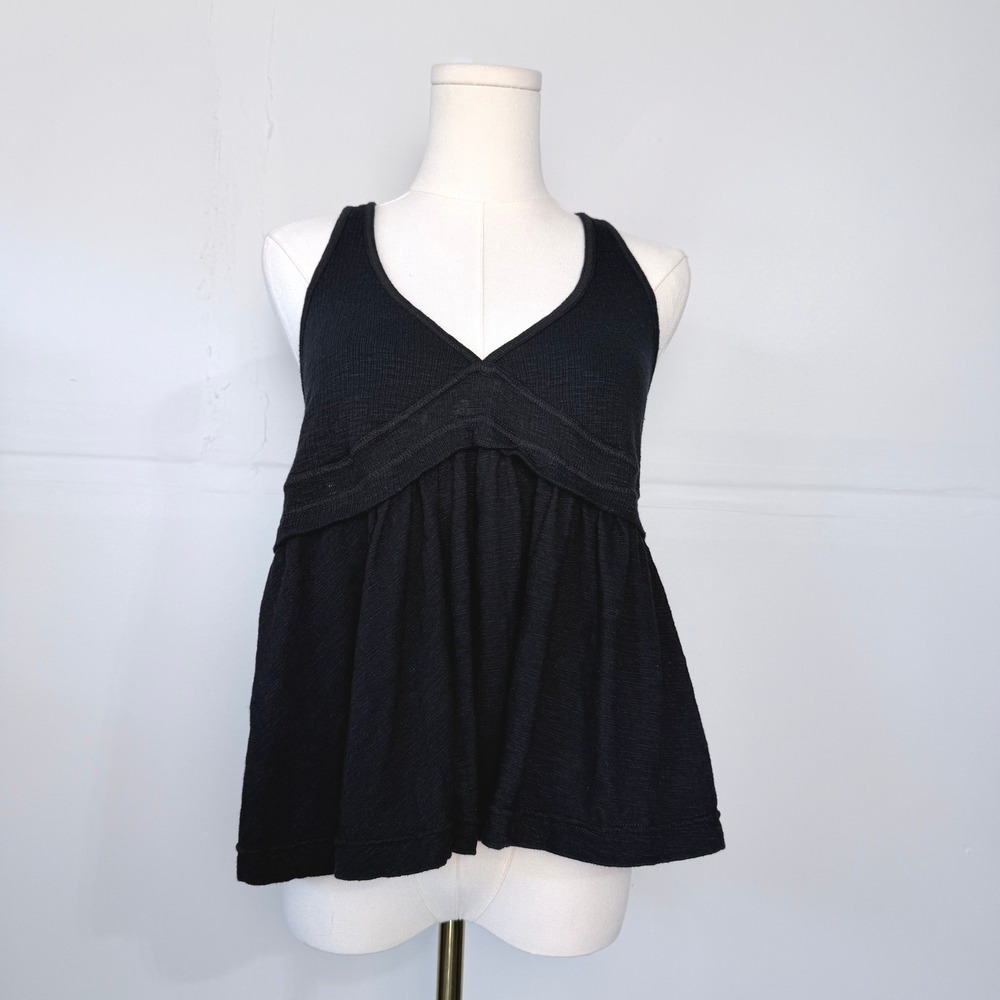 Free People Black Textured V-Neck Empire Waist Tank Top Peplum Breezy Small